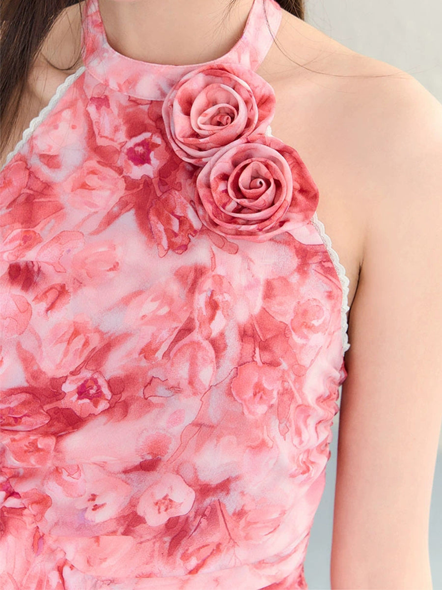 Pink Floral Backless Halter Dress