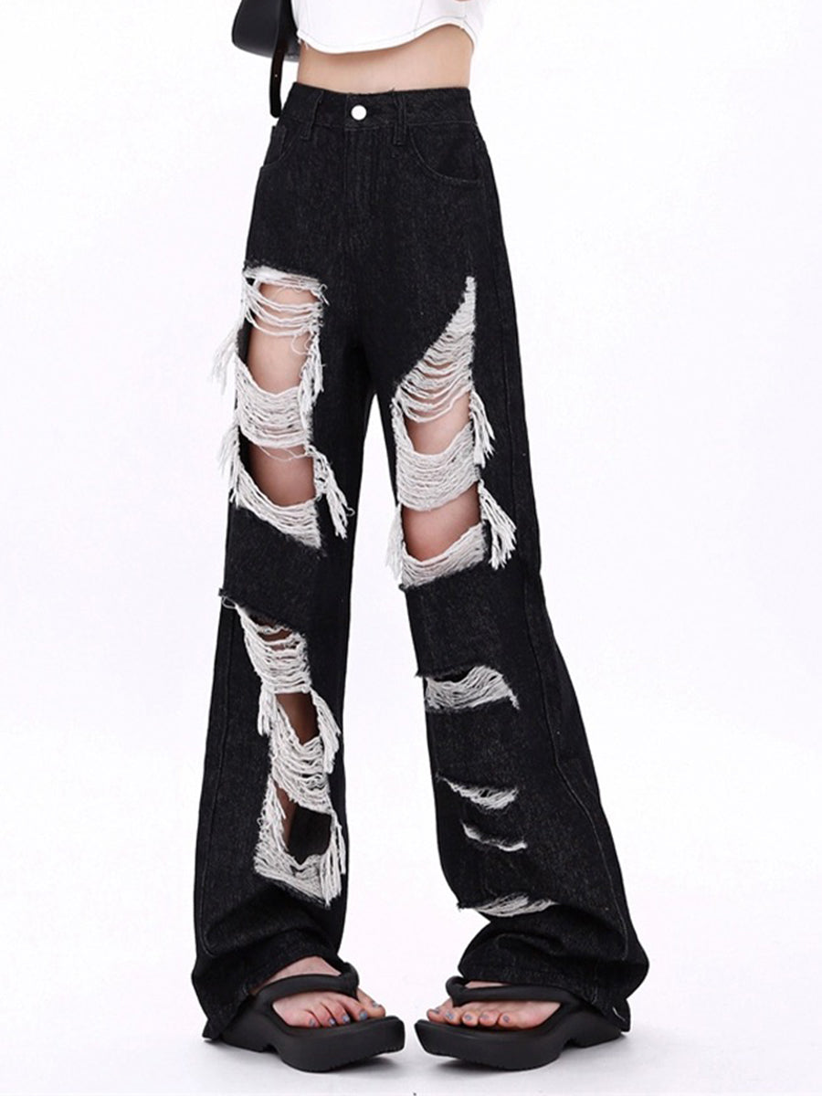 High-Waisted Baggy Wide-Leg Ripped Jeans