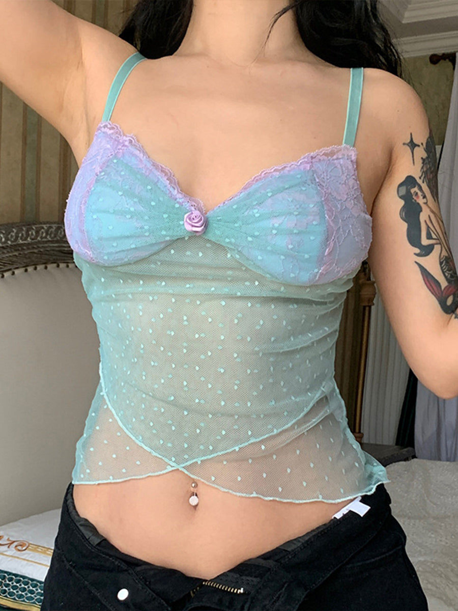 Lace Patterned Mesh Patchwork Camisole Top