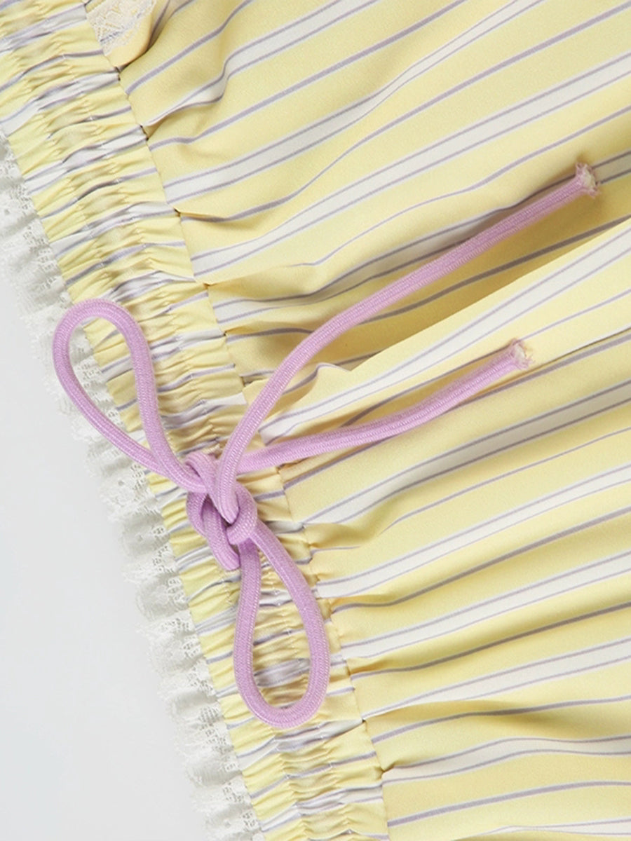 Yellow Striped Elastic Lace Trim Shorts