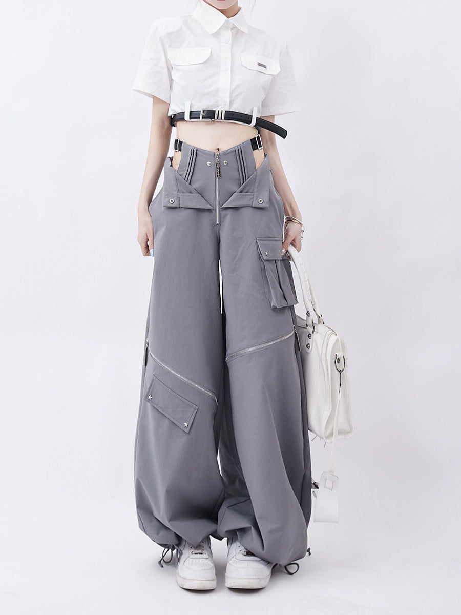Gray Blue Fake Two Piece Large Pocket Loose Wide Leg Pants Casual Pants