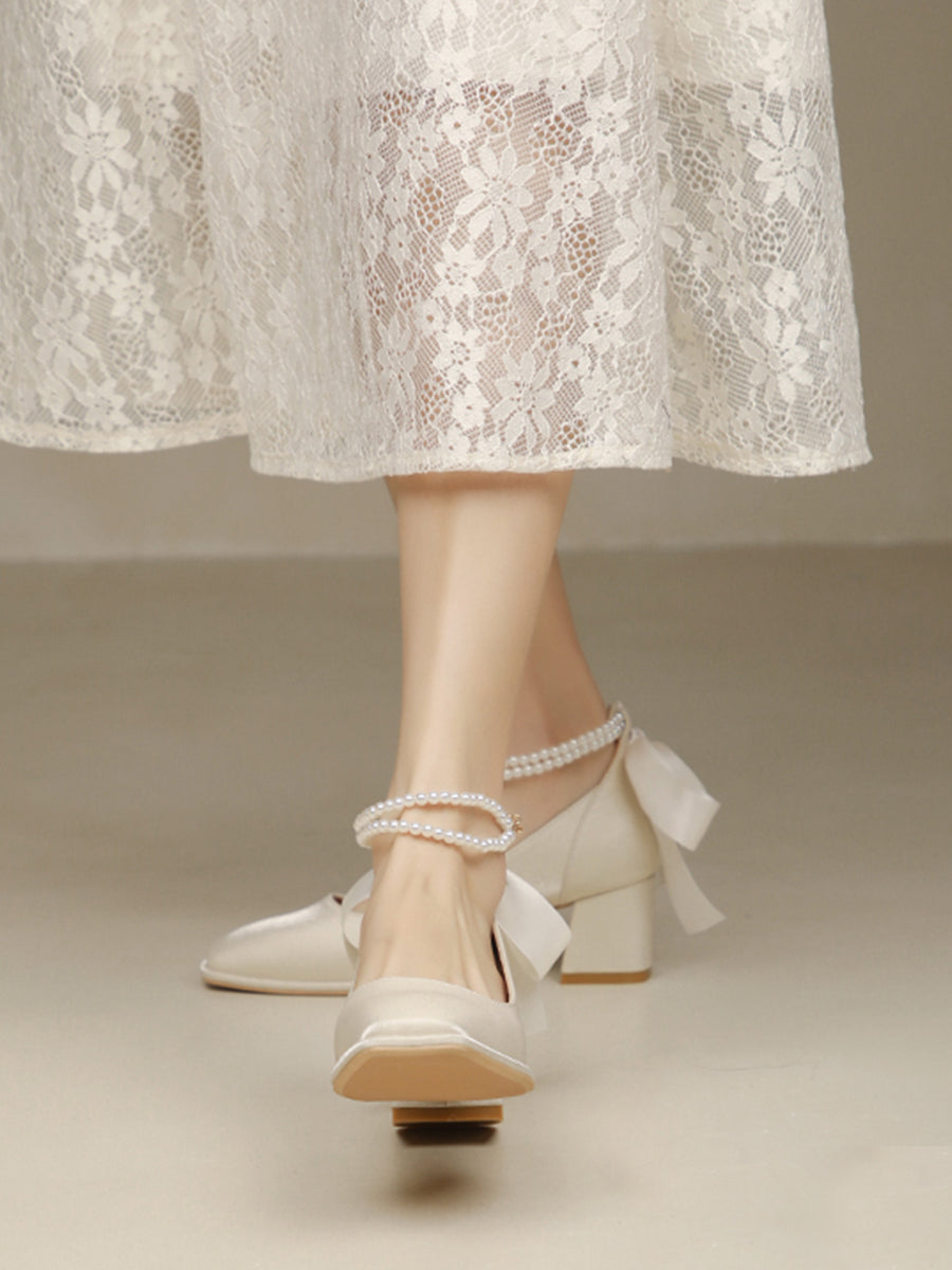 Women's Pointed Toe Chunky Heel Pumps With Pearls & Bowknots Beaded Decoration