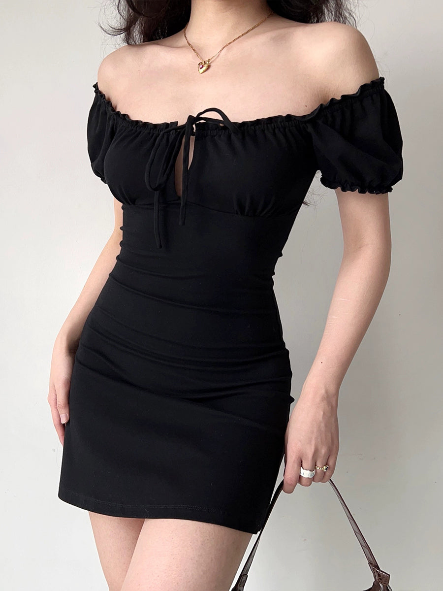 Hollow Lace Up Bubble Sleeve Black Dress
