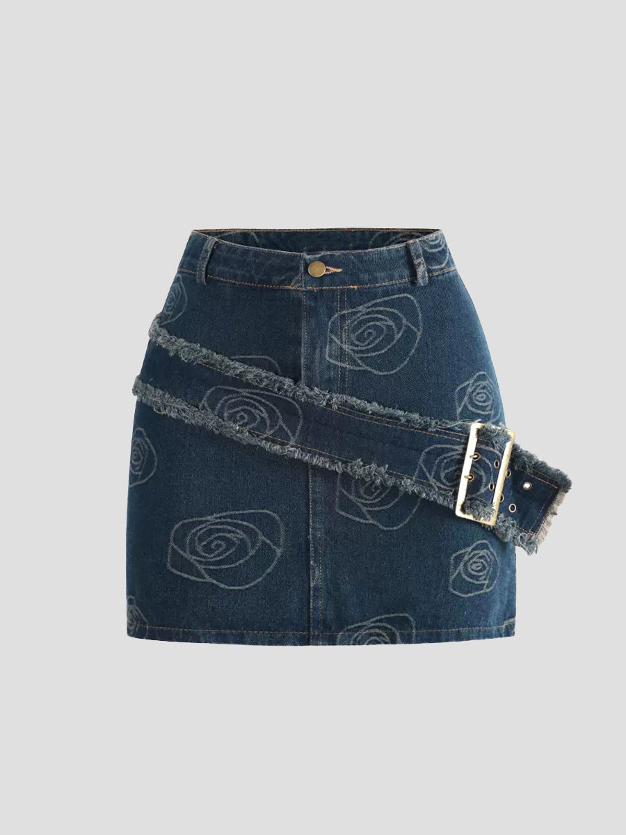 Rose Printed Belt Decoration Blue Denim Skirt