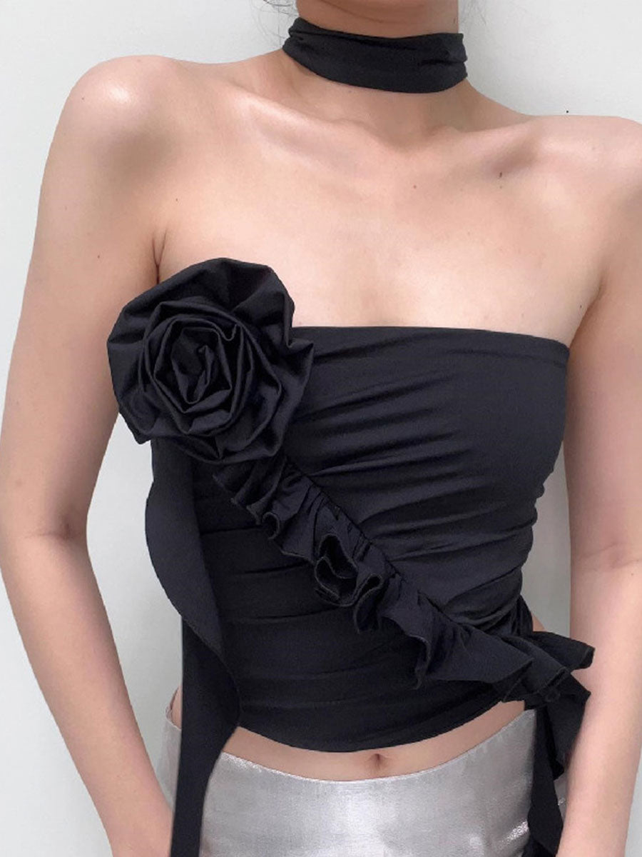 Floral Backless Lace-up Halter Top