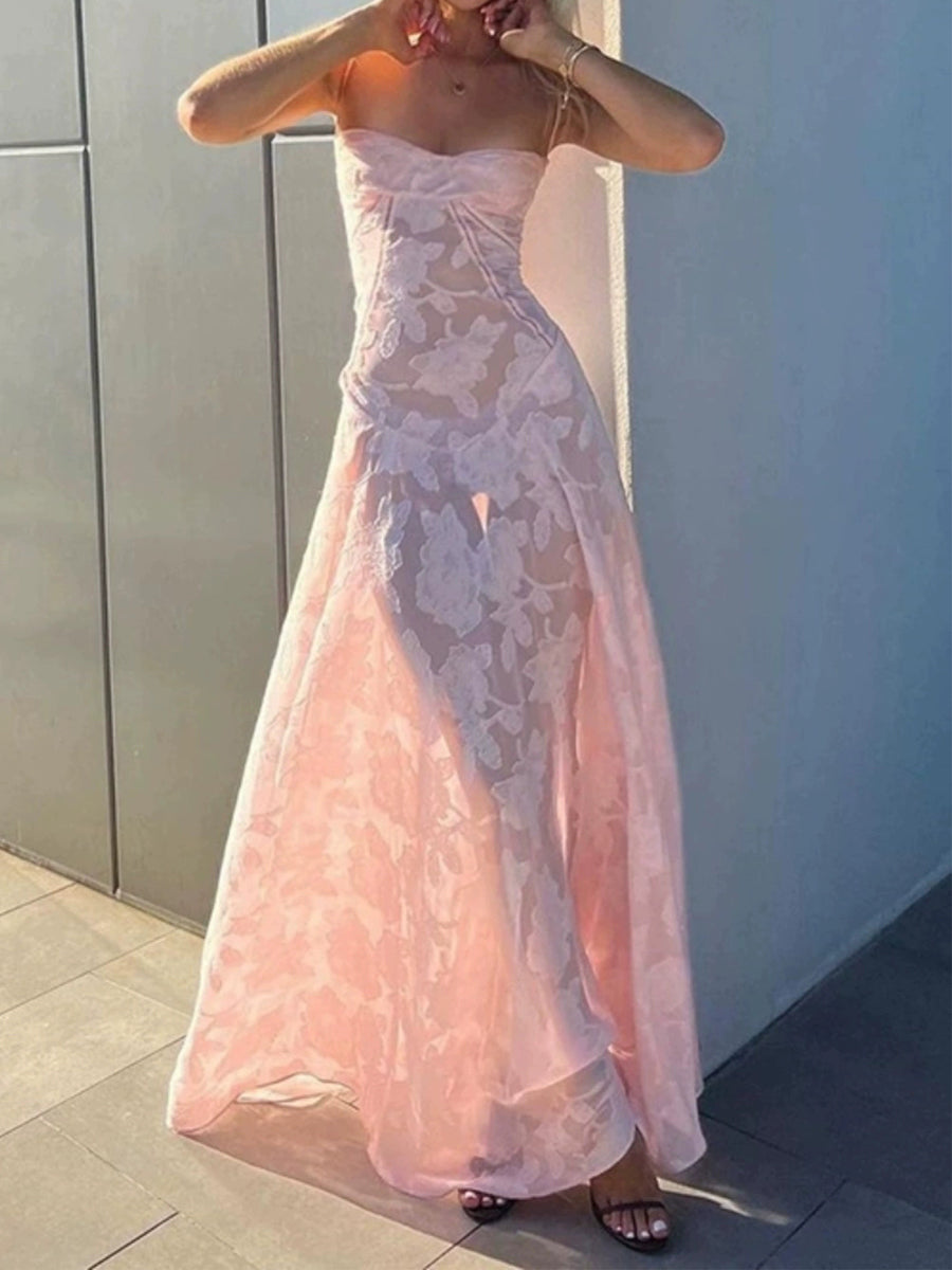 Sheer Lace Pink Floral Midi Dress