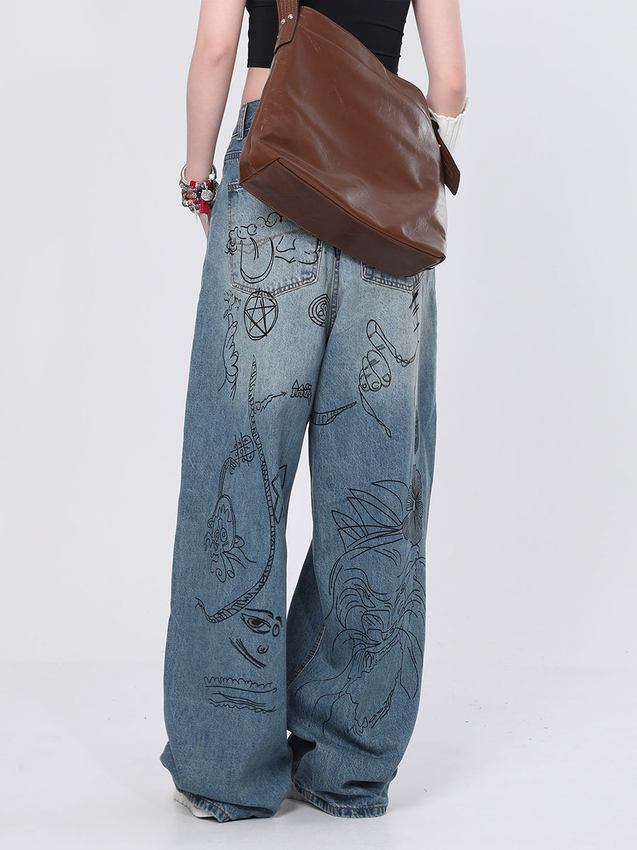 Vintage Loose Black Graffiti Print Casual Jeans