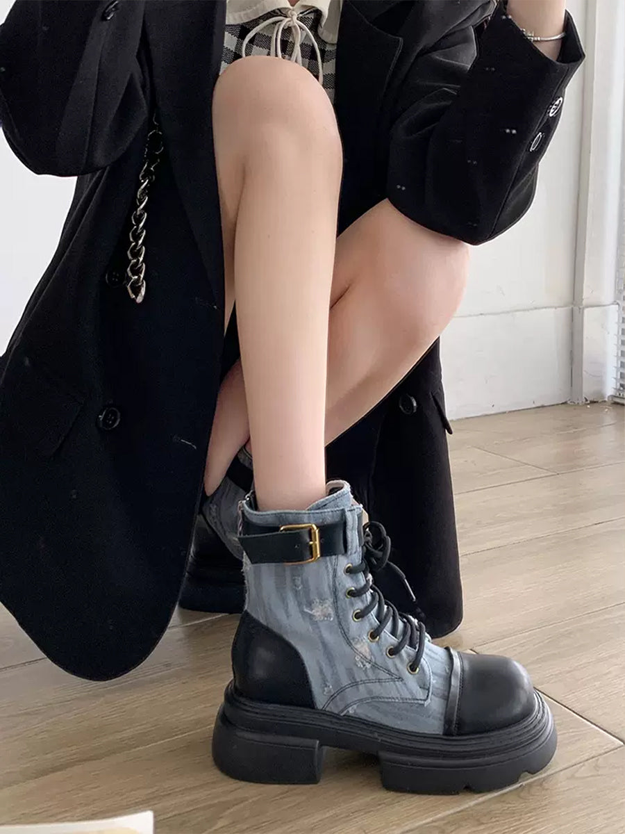 Women's Western Vintage Ribbed Patchwork Sock Style Denim Slip Resistant Sole Chunky Heel Ankle Boots