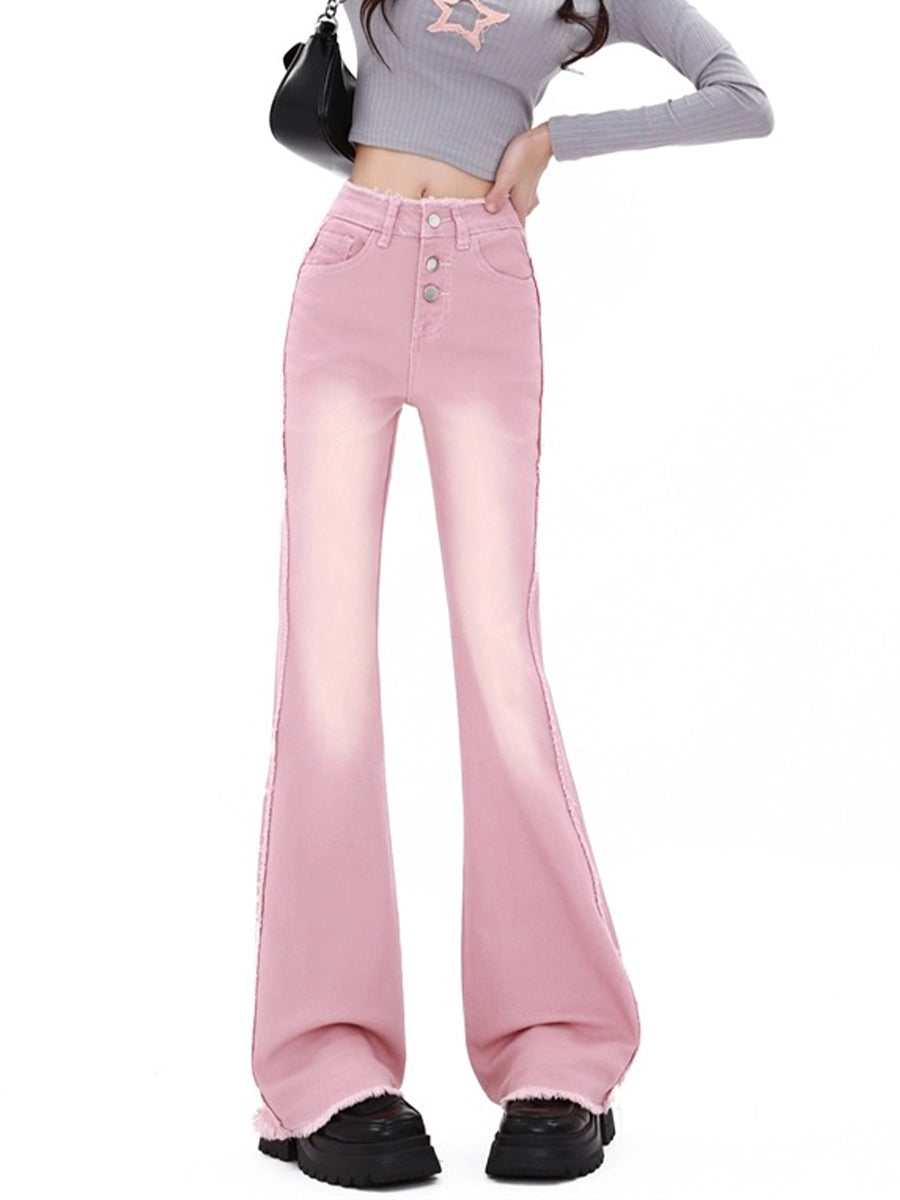 Raw Edge Pink Slim Fit High Waist Jeans