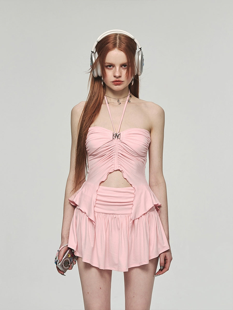 Solid Color Pleated Halter Top + Skirt with Lining Set