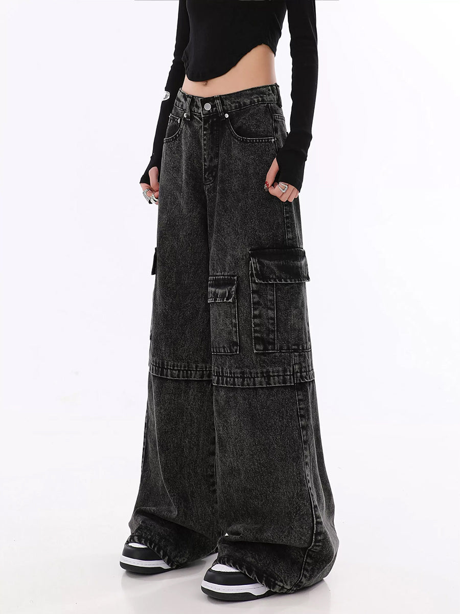 Vintage Black Irregular Loose Cargo Jeans