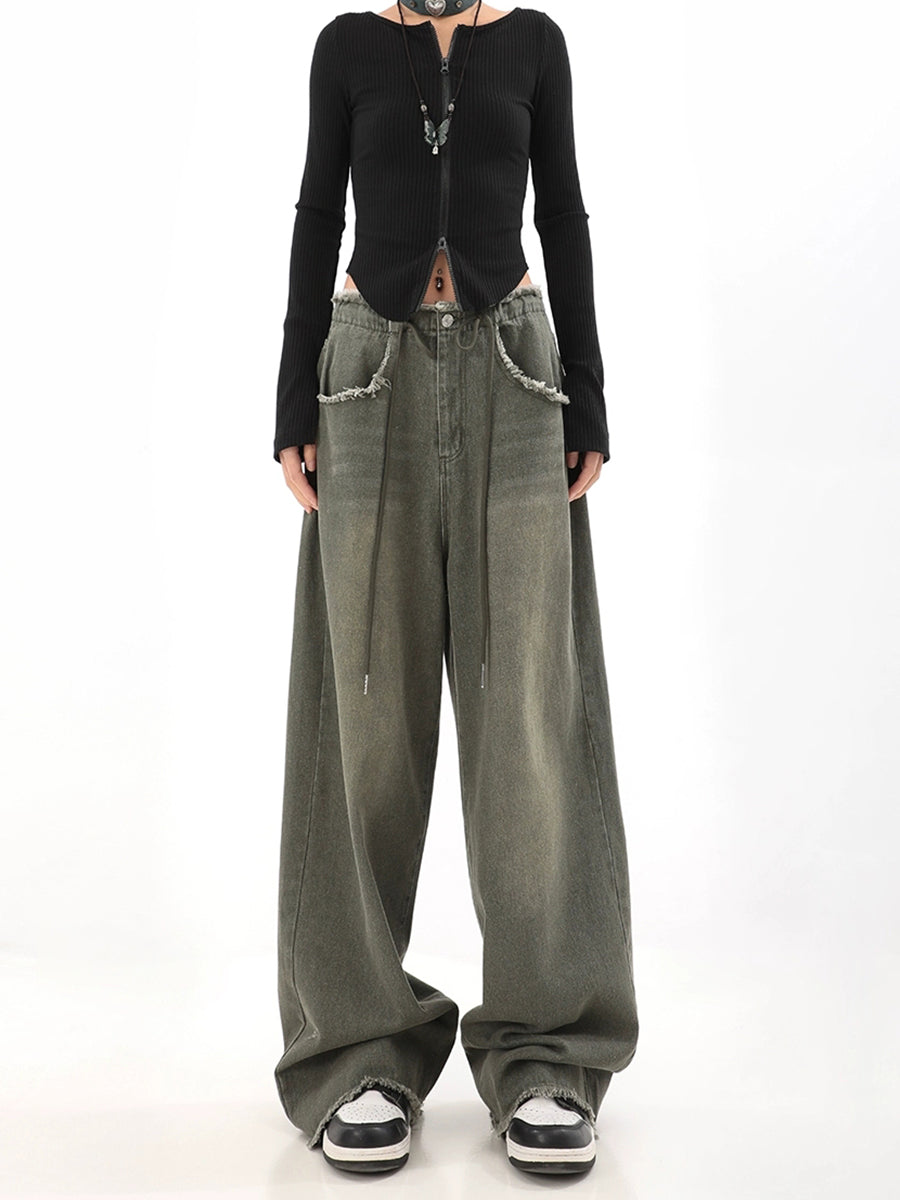 Loose Straight Raw Edge Denim Jeans