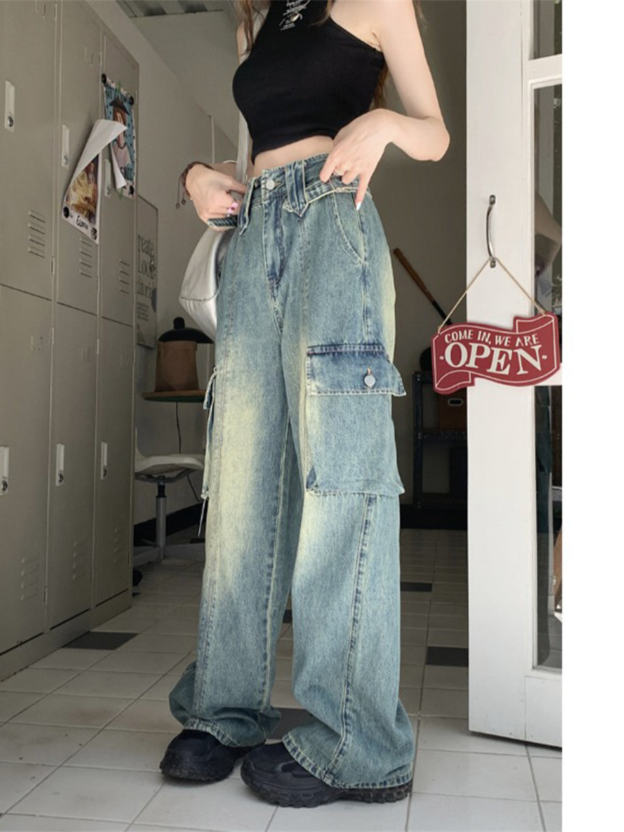 Street Vintage Loose Straight Leg Denim Wide Leg Blue Jeans Pants