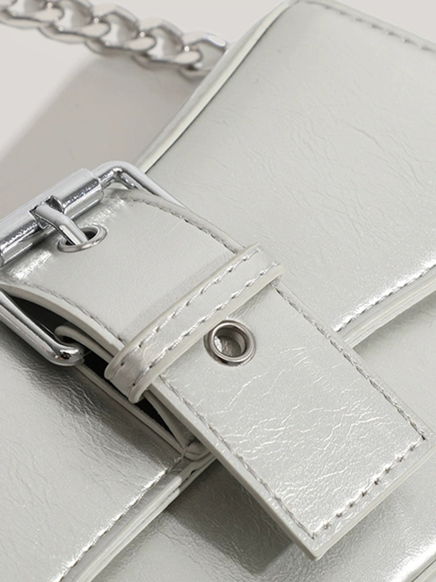 Solid Color Patent Leather Chain Baguette Bag