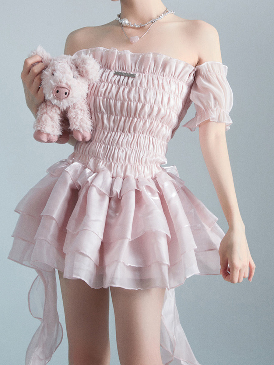 Irregular Fluffy Pink Organza Dress