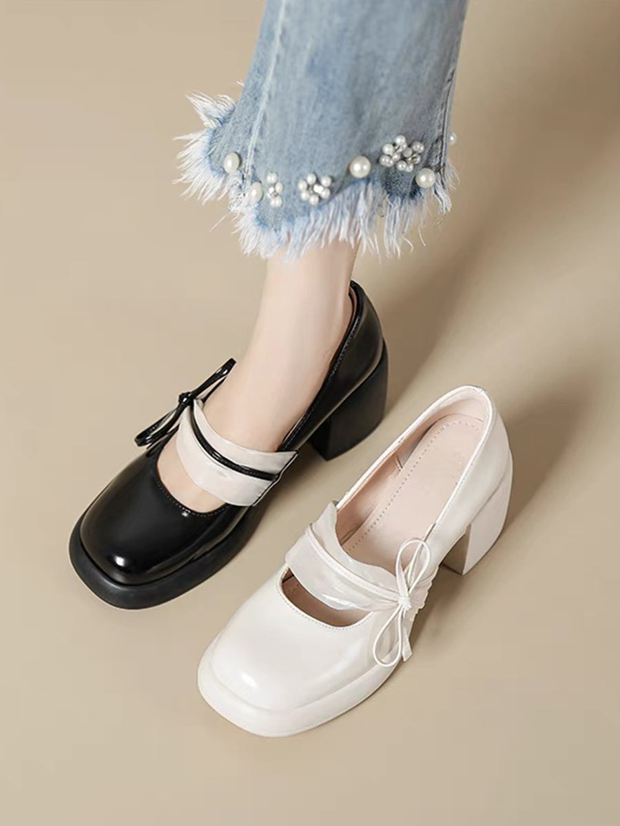 Ribbon-tie Mary Jane Pumps in White