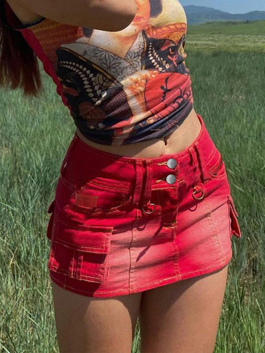 Y2K Vintage Large Pockets High Waist Slim Fit Wrap Hip Denim Skirt