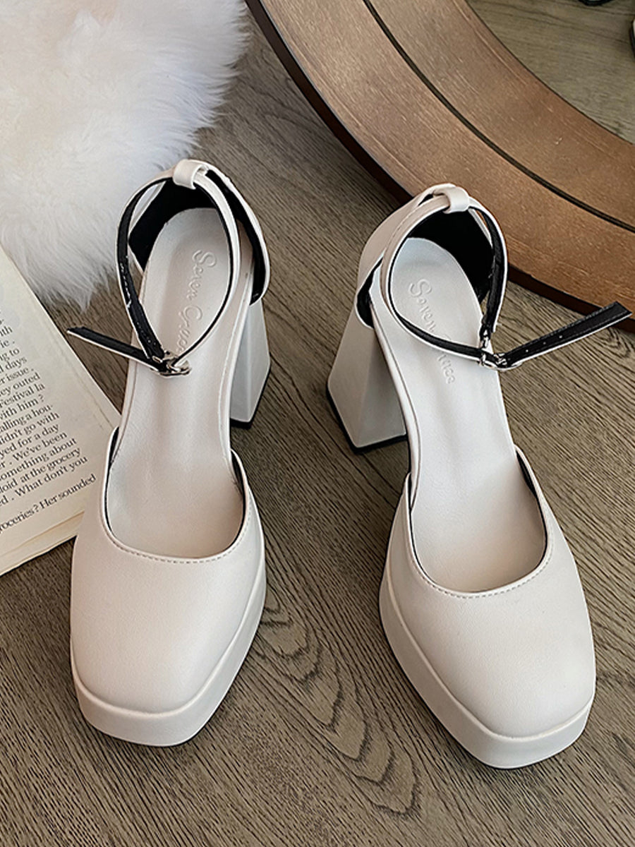 Buckle Decor Thin Ankle Strap Platform Chunky Heel Mary Janes Pumps Shoes