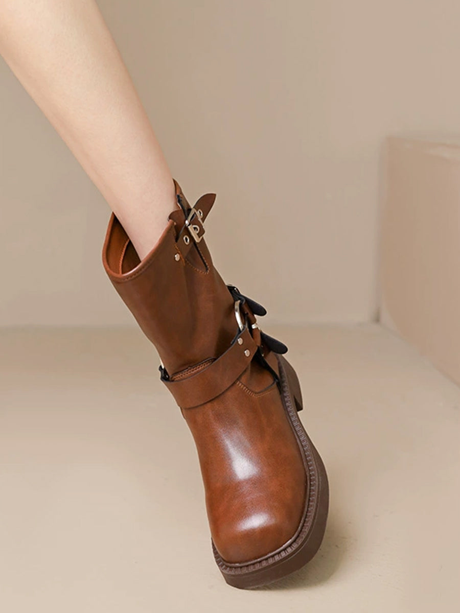 Women's Western Buckle Straps Chunky Heeled Side Zip Boots