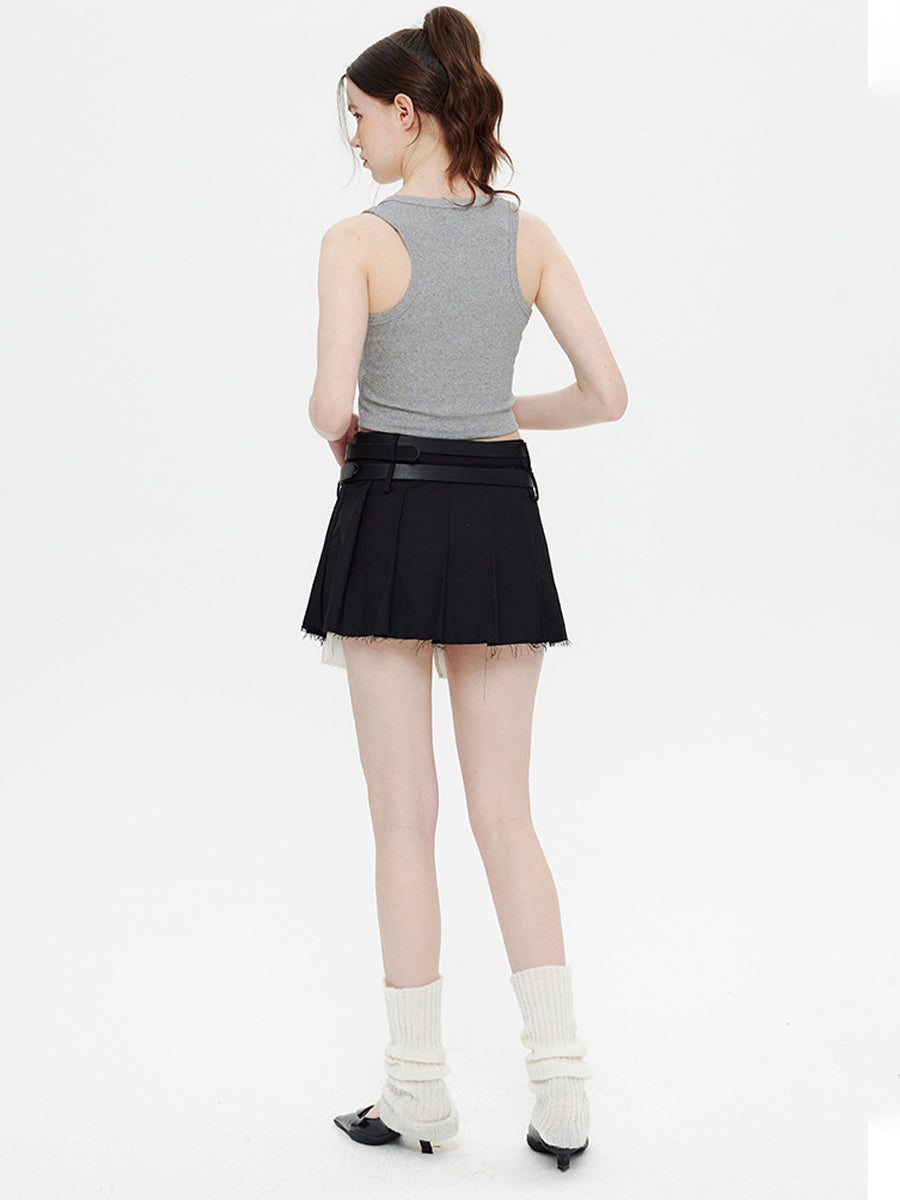 Fake Two Piece Belt Pleated Skirt