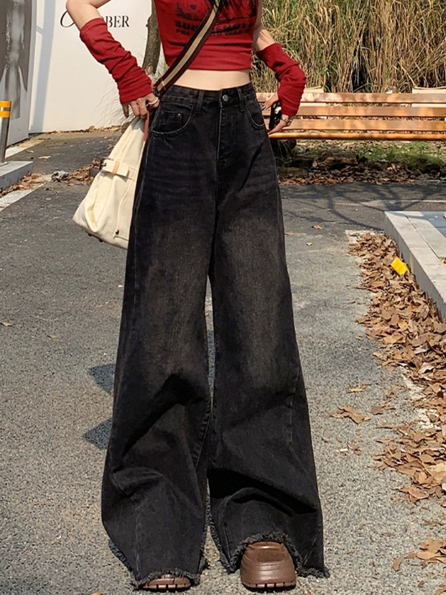 Vintage Raw Hem Wide Leg Long Jeans