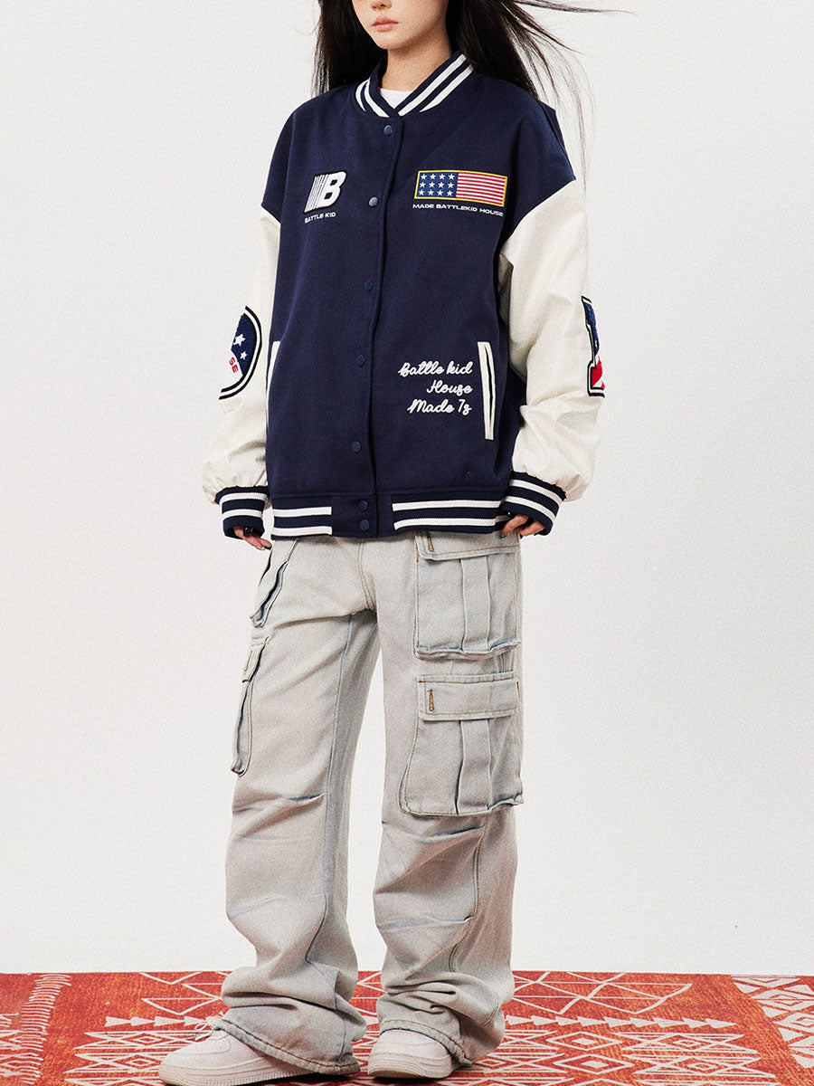 Flag Pattern Long Sleeve Loose Top Jacket Baseball Coat