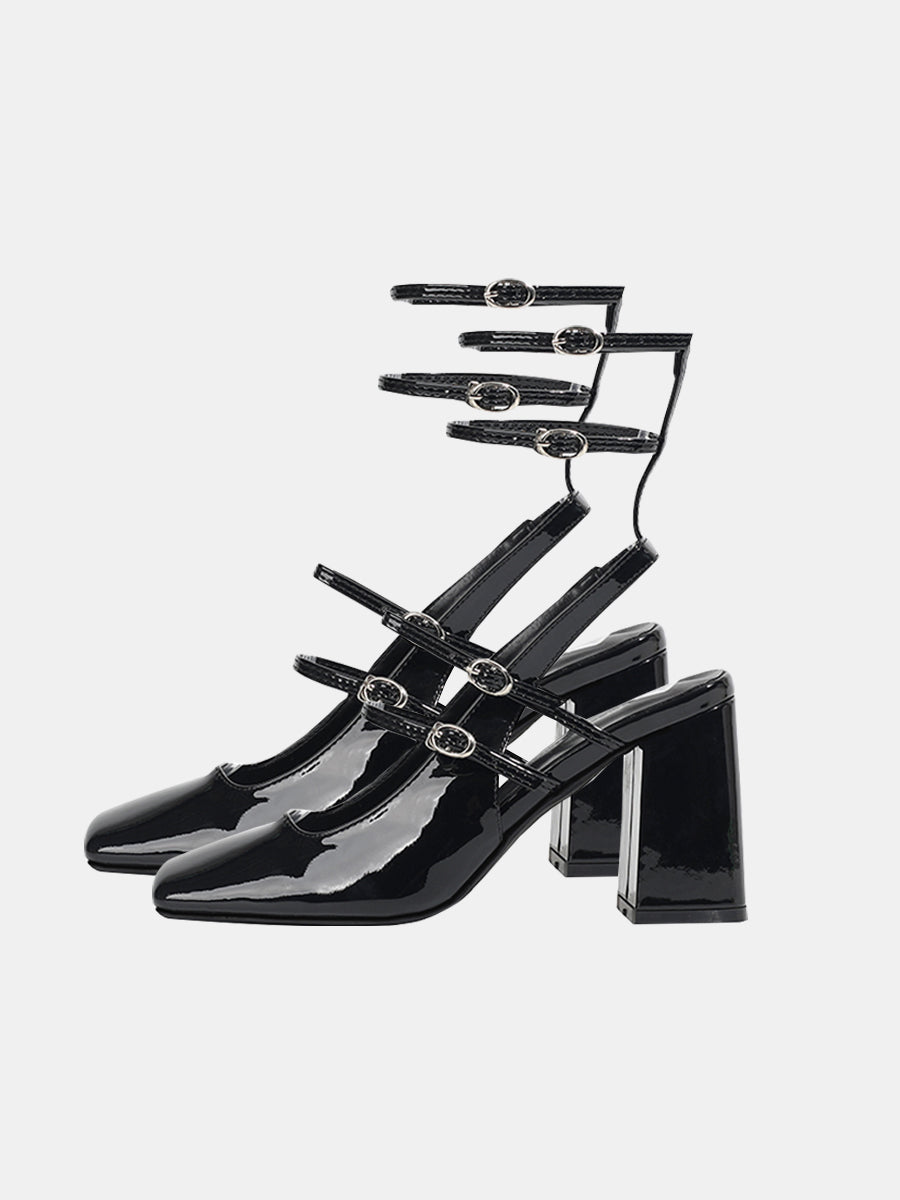 Criss Cross Chunky Heel Black Sandals