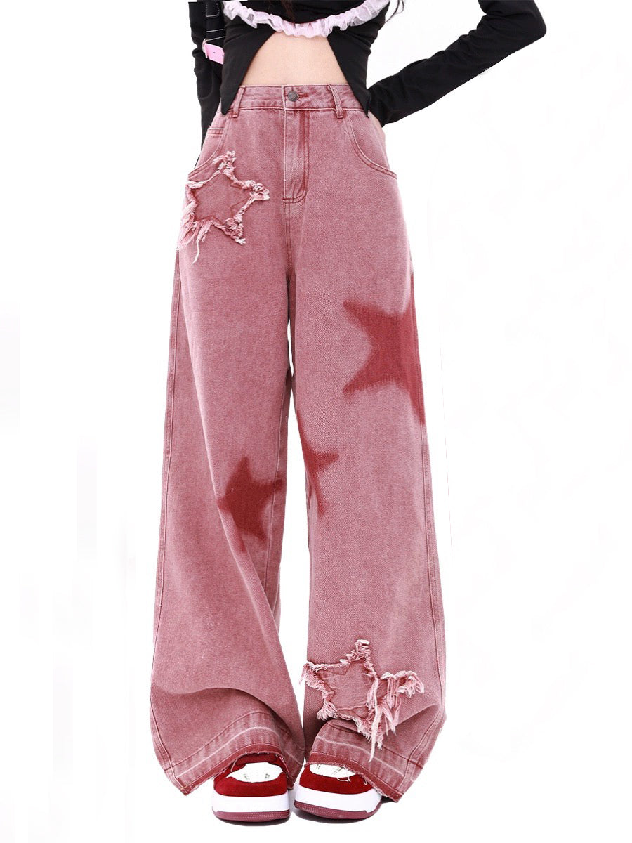 Pink Stars Raw Hem Loose Fit Denim Jeans