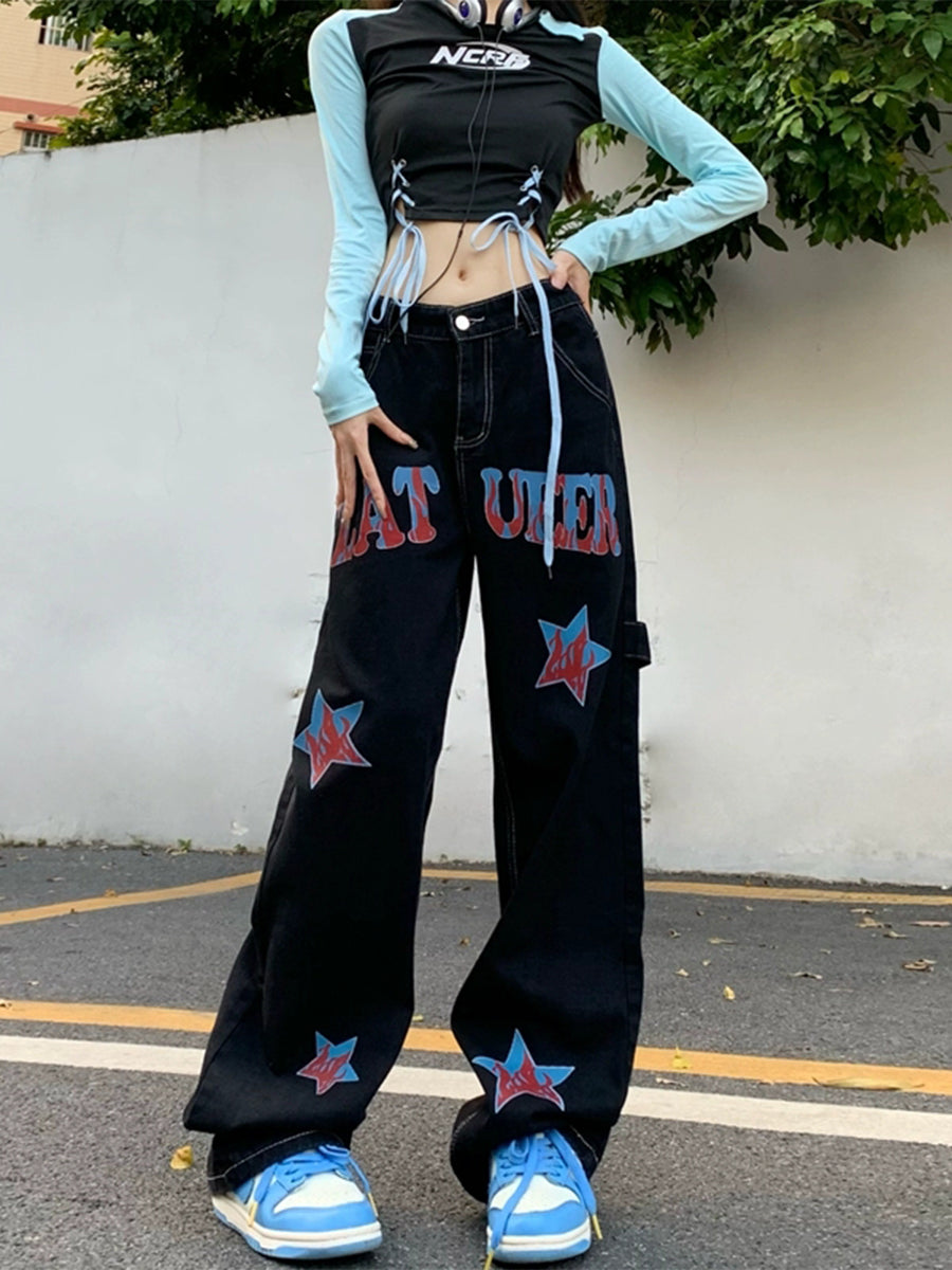 Black Denim Stars High Waist Jeans