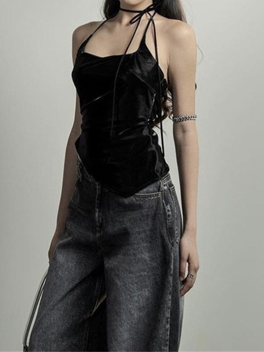 Black Leather Lace-up Halter Top