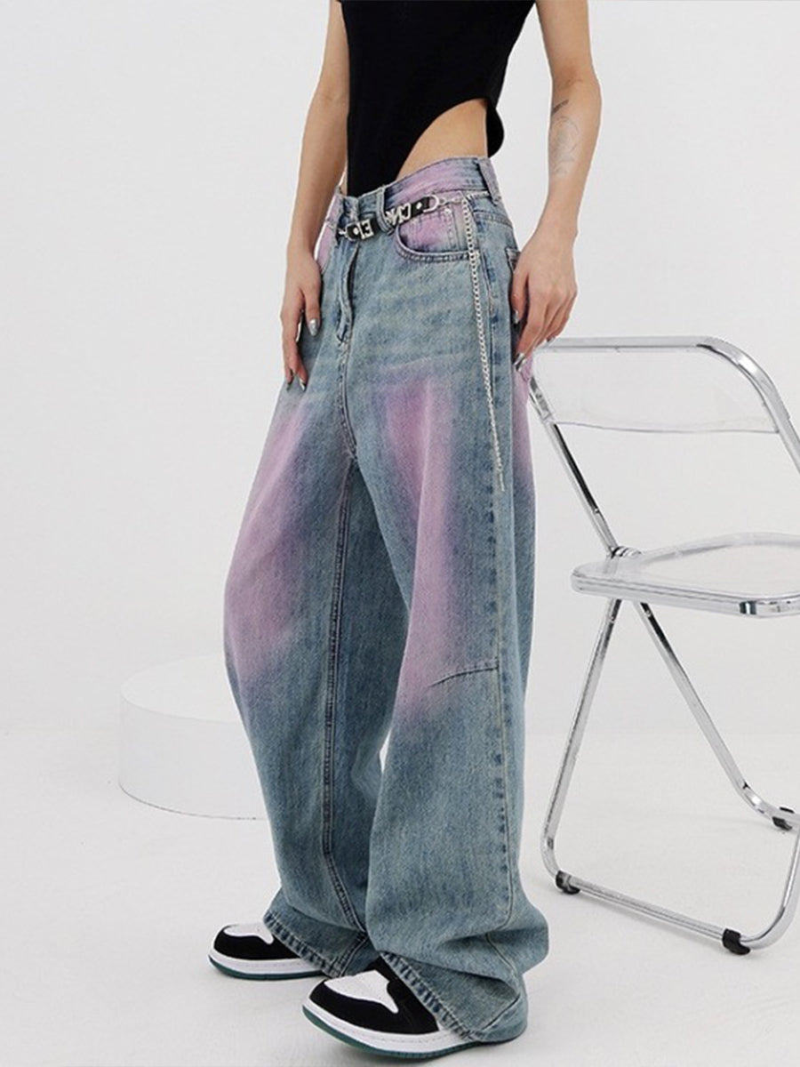 Y2K Plus Plus Loose Tie-Dye Blue Pink Color Clash High Waist Straight Long Jeans