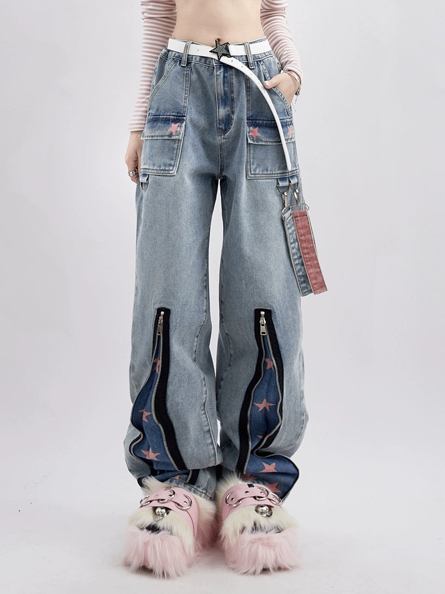 Zipper Hem Blue Denim Jeans