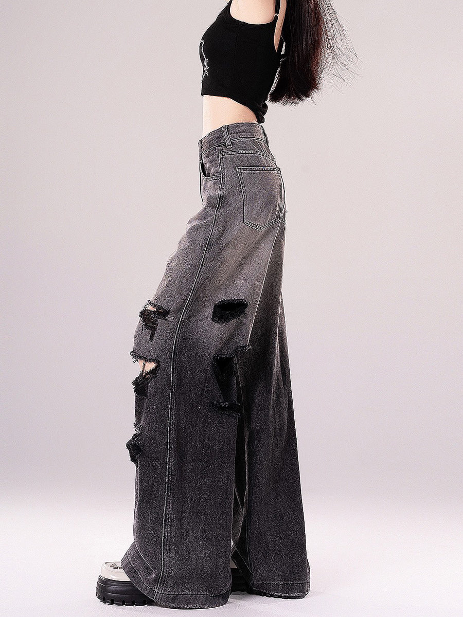 High Waisted Loose Distressed Ripped Denim Jeans