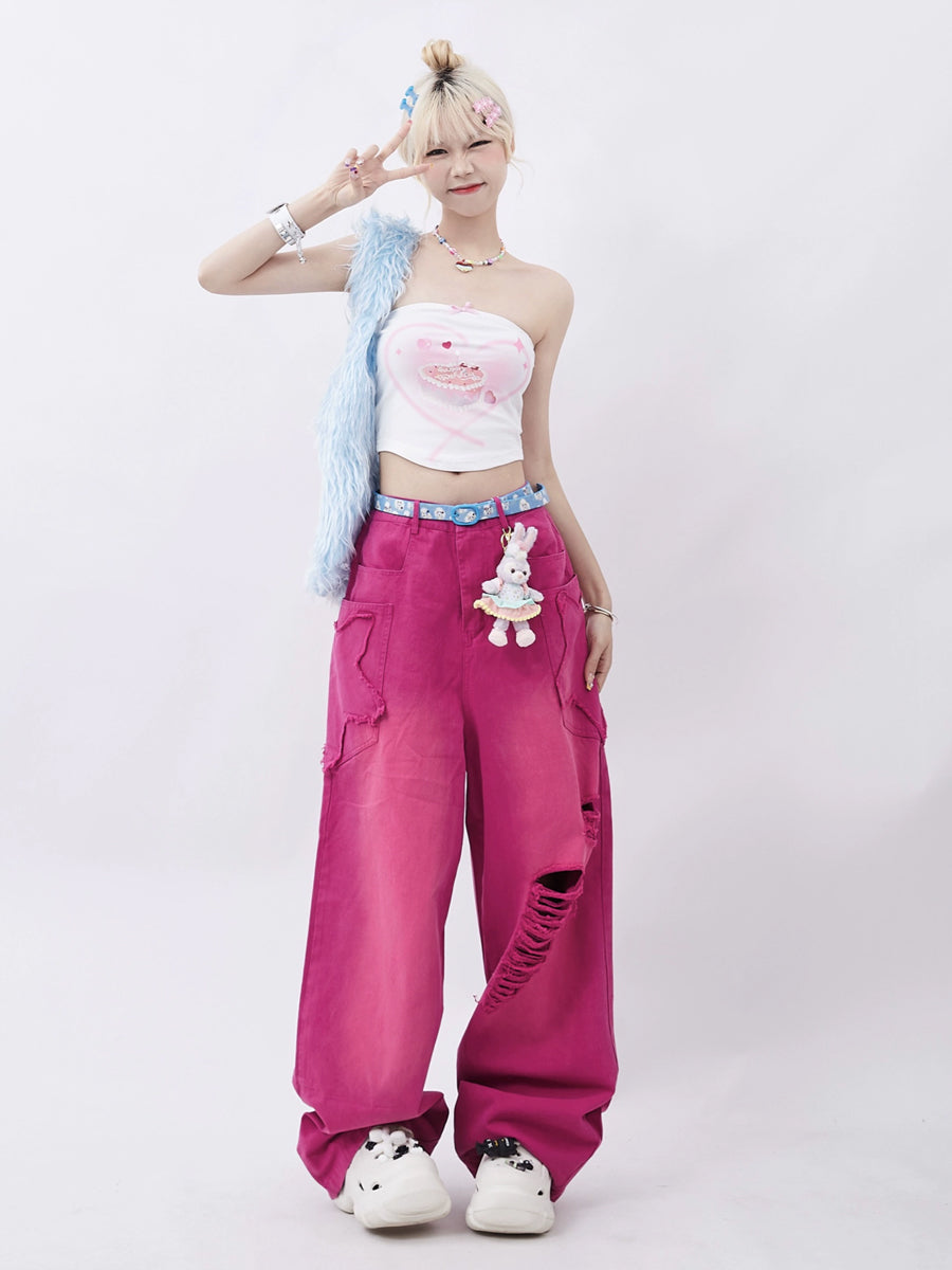 Pink Ripped Loose Fit Denim Jeans