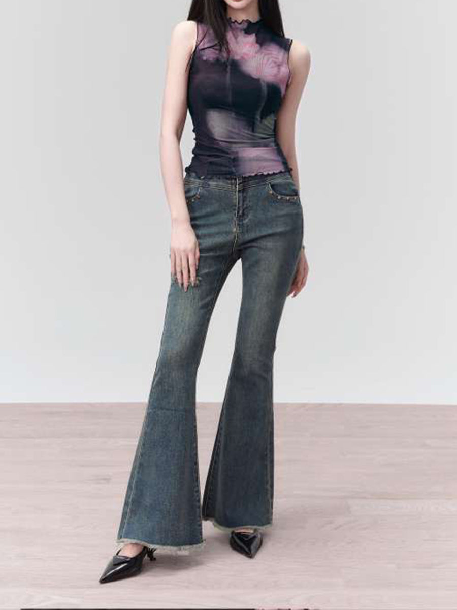 Tie-Dye Ruffle Mesh Sleeveless Top