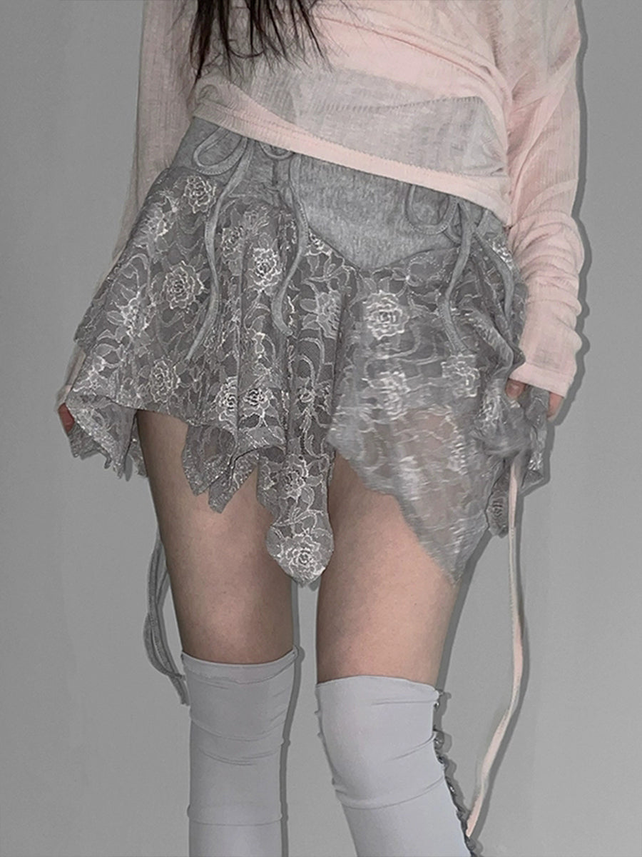 Patchwork Lace Asymmectric Hem Skirt