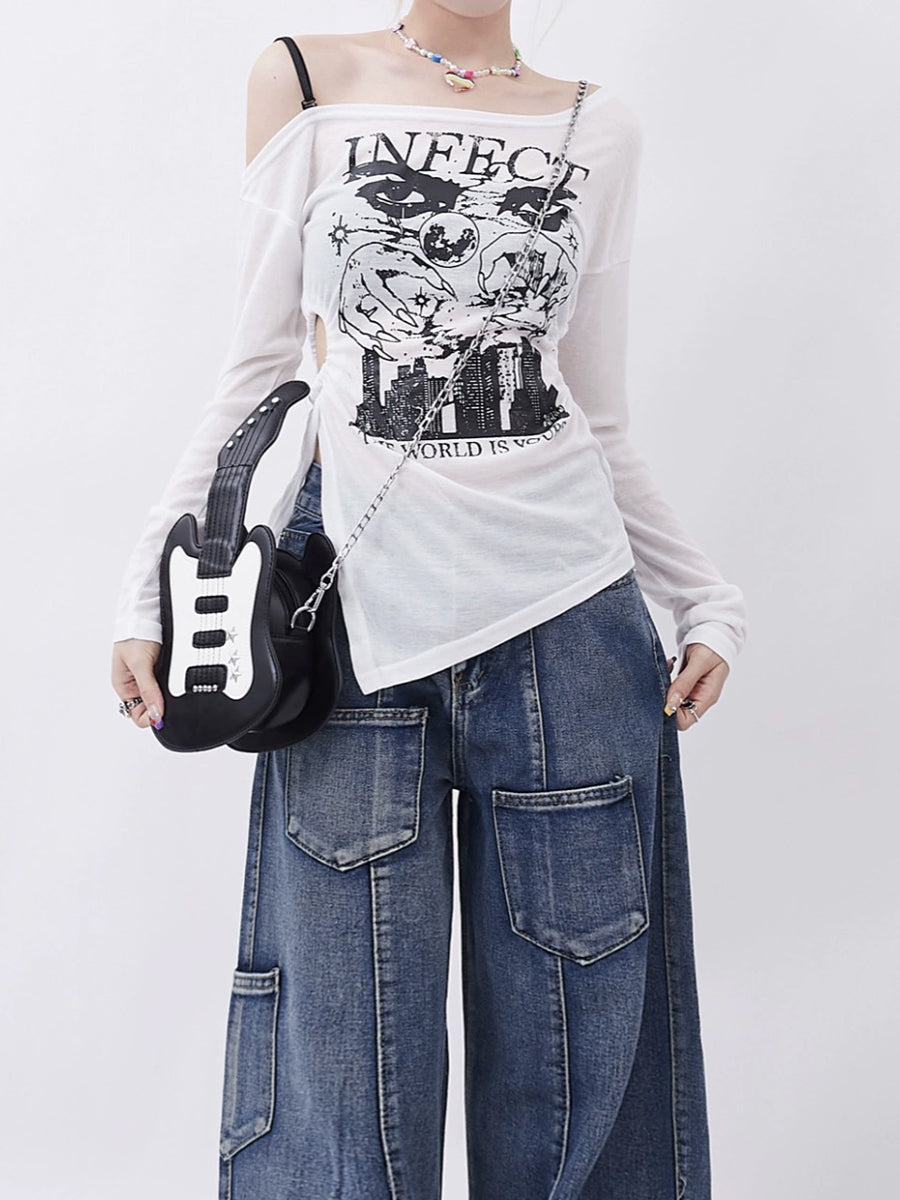 Printed Strapless Long Sleeve Top
