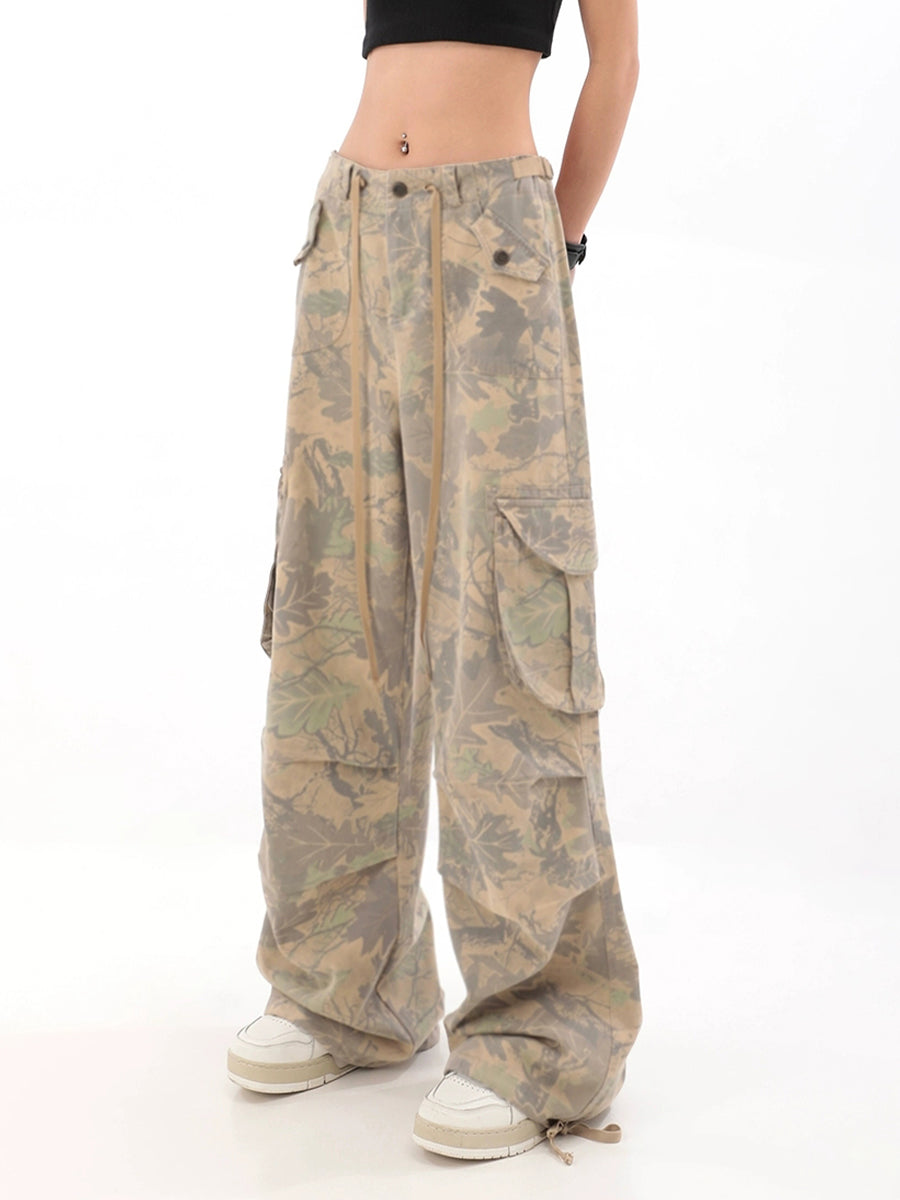 Camouflage Wide-Leg Cargo Drawstring Casual Pants
