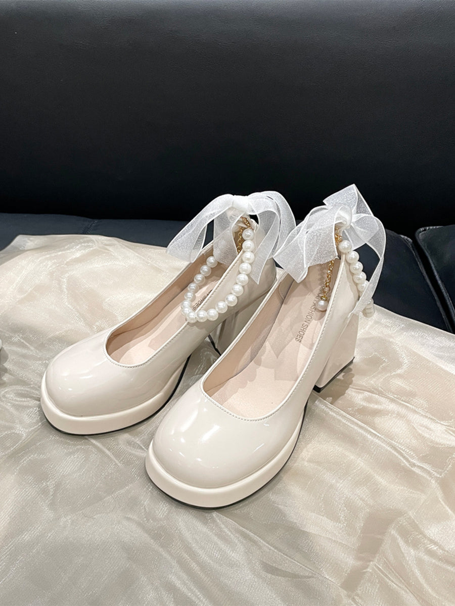 Women's Round Toe Mary Jane Heels Shoes with Double Layered Pearls Chain