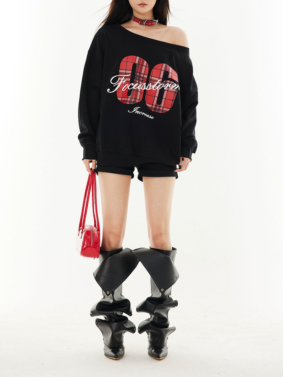 Vintage Slant Shoulder Large Neckline Sweatshirt Letter Loose Sporty Top