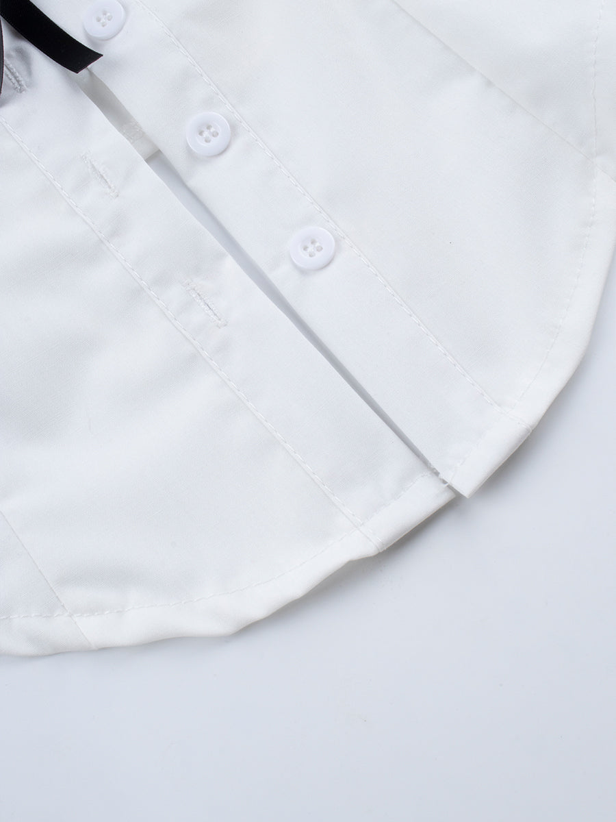 Black and White Lapel Pockets Shirt Crop Top with Pearl Ribbon Accessory