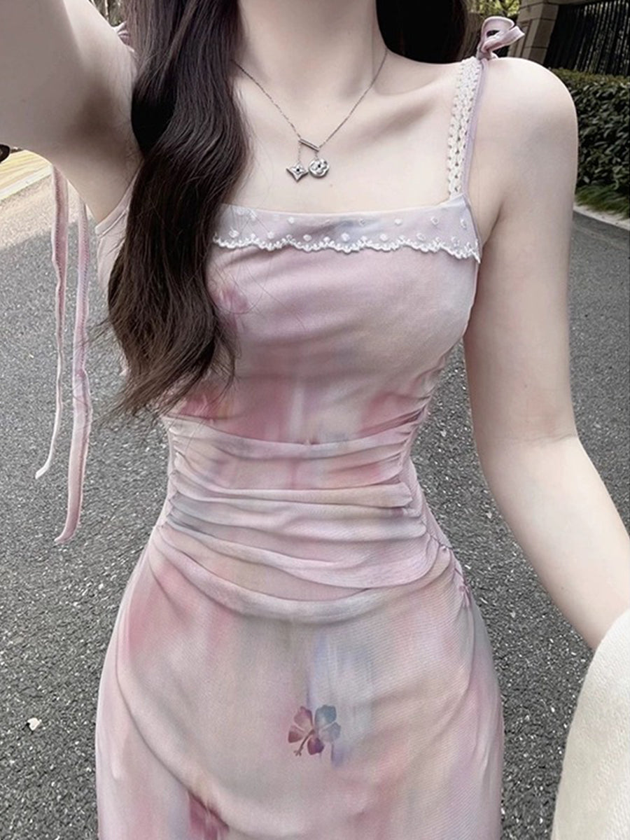 Lace Trim Cami Top Tight Strappy Pink Floral Cami Dress Short/Long