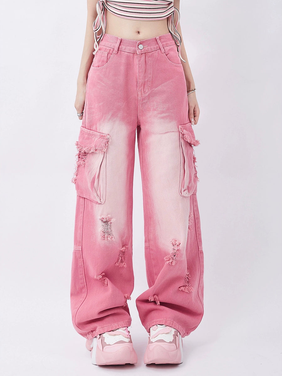 Pink Loose Long Jeans Pants