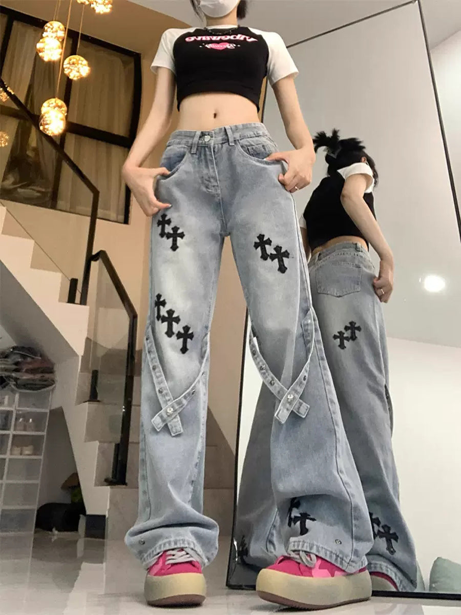 Y2K Black Cross Embroidered Blue Loose Fit Jeans