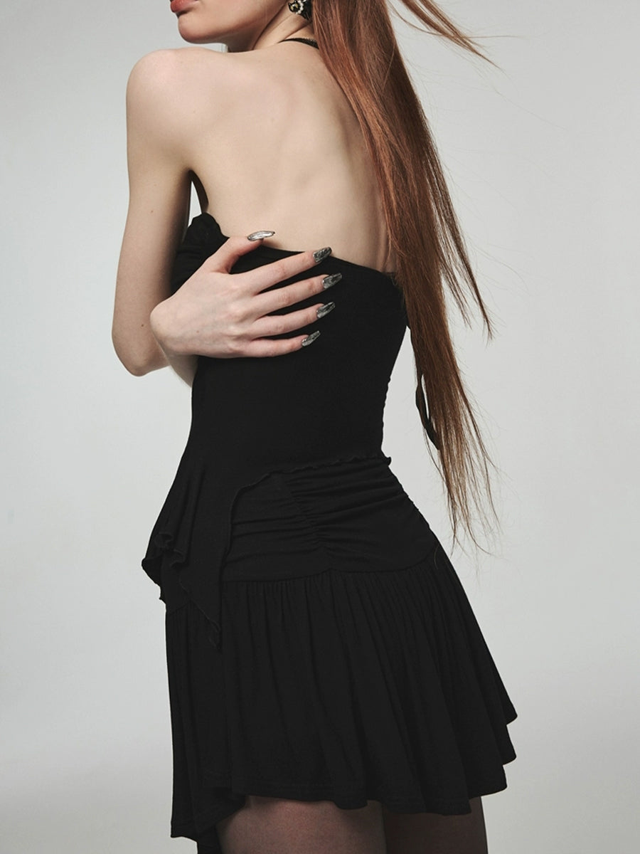 Solid Color Pleated Halter Top + Skirt with Lining Set