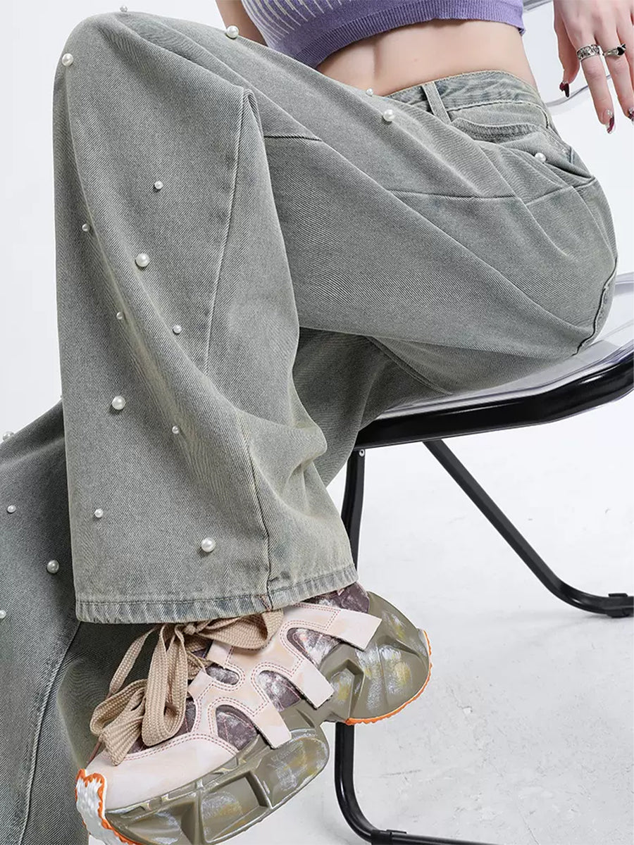 Grey Faux Pearl Studded Straight Jeans