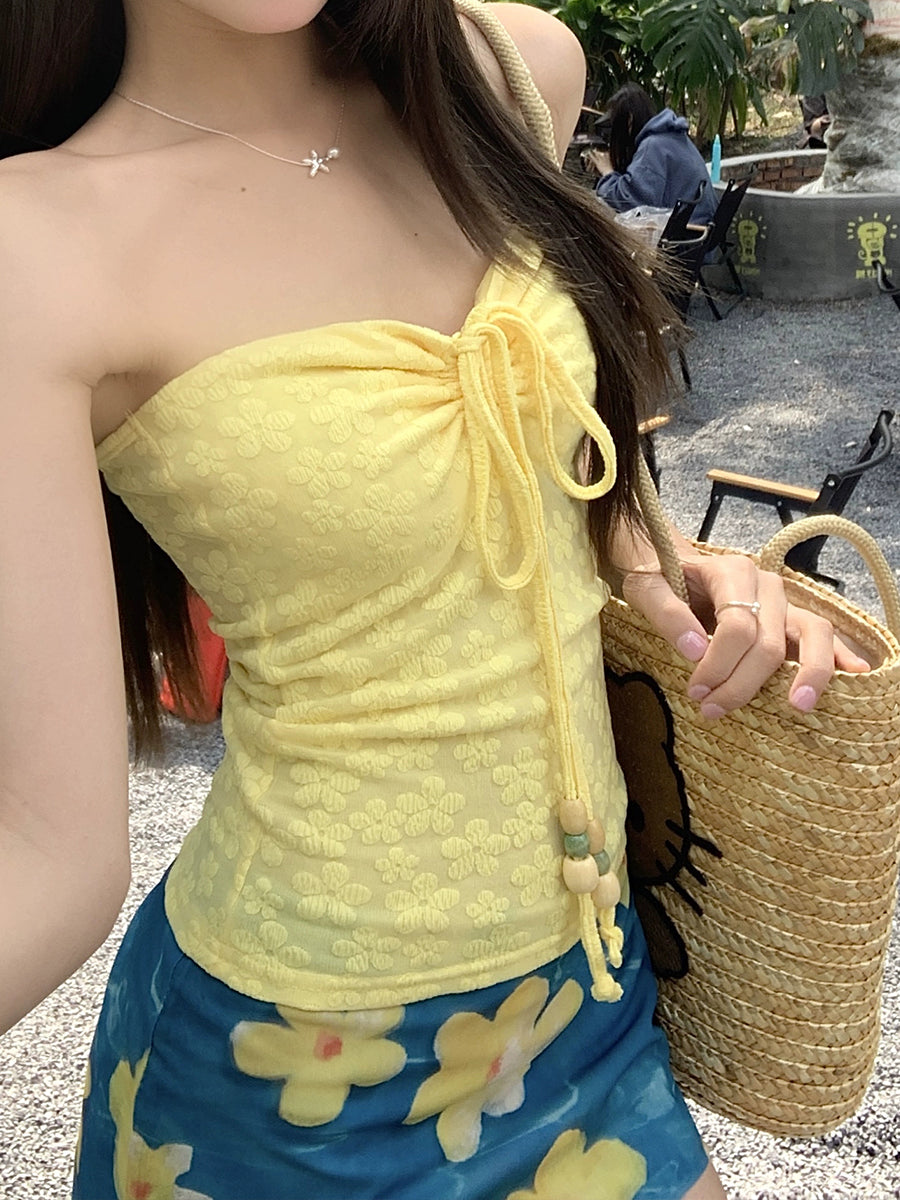 Sheer Lace Tie Sleeveless Halter Top Corset