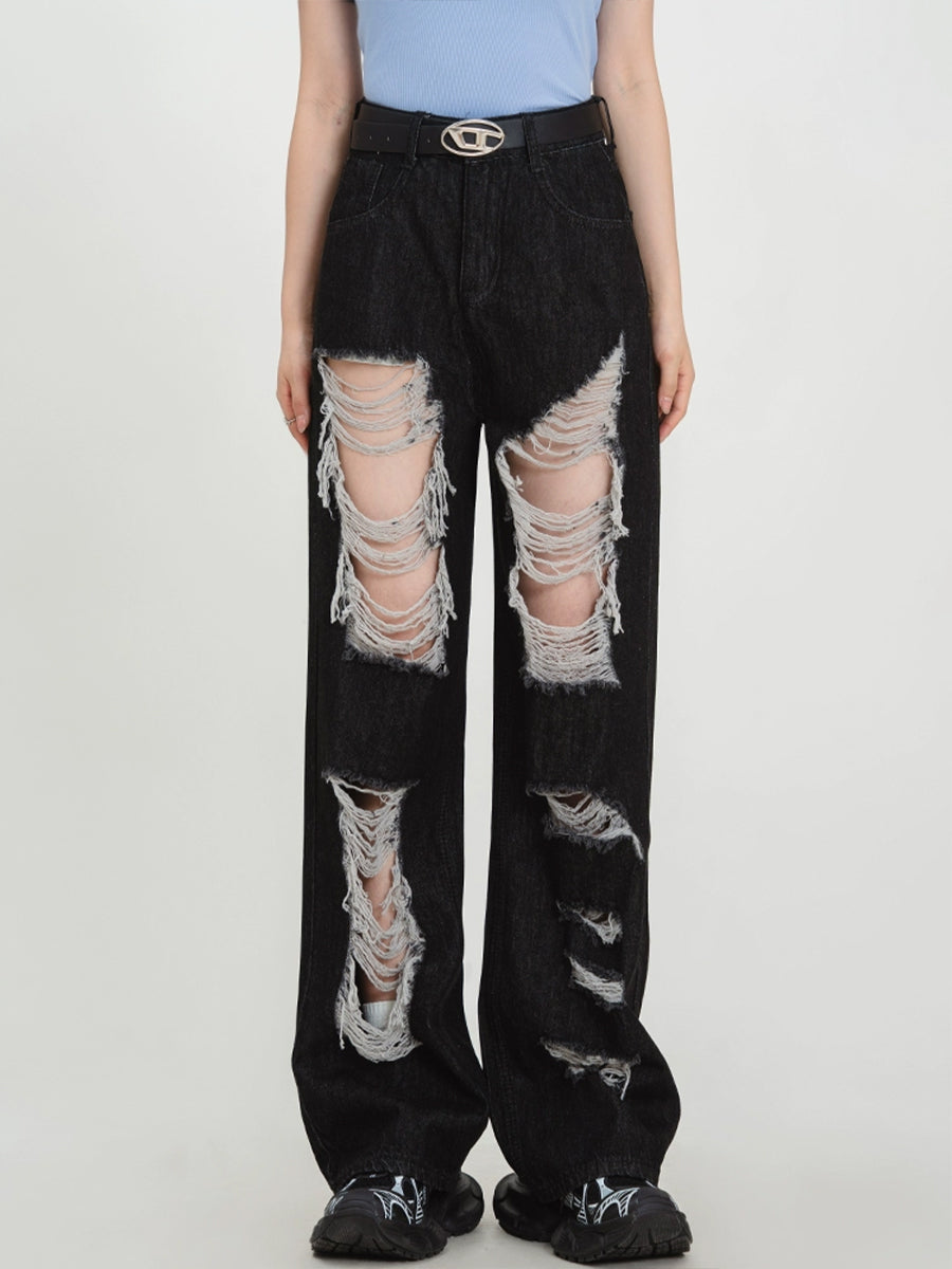 Black Ripped Straight Leg Casual Denim Jeans