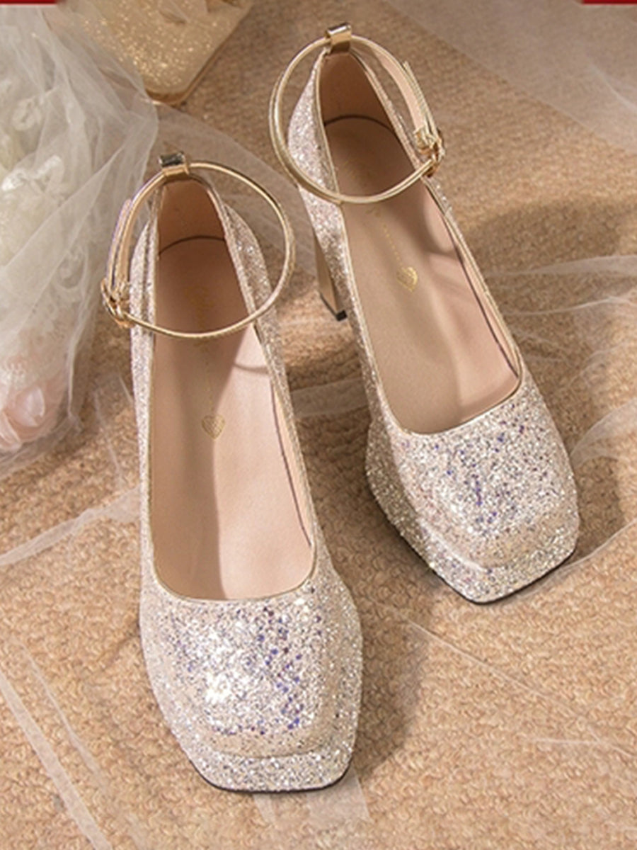 Rhinestone Square Toe Mary Jane Heels Pumps
