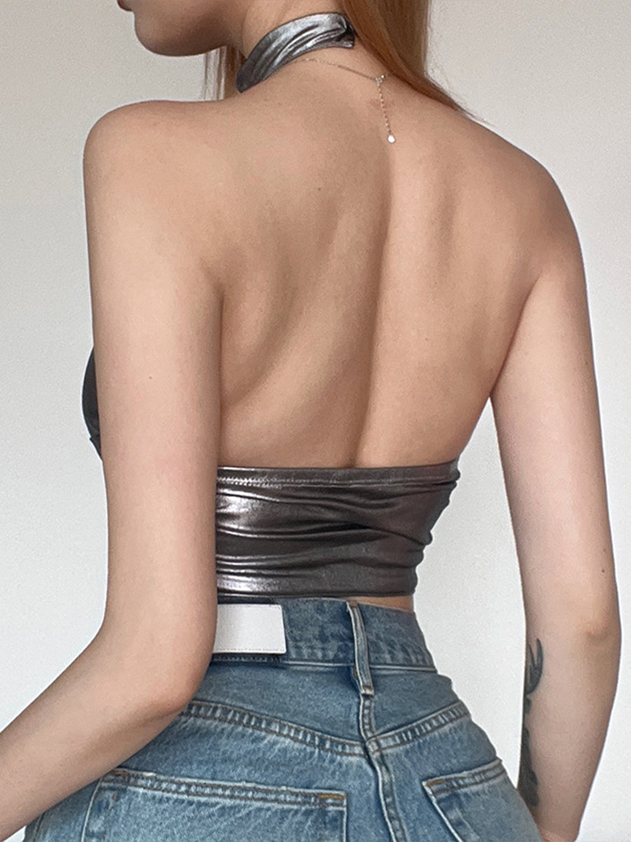 Silver Shiny Metal Chain Halter Top